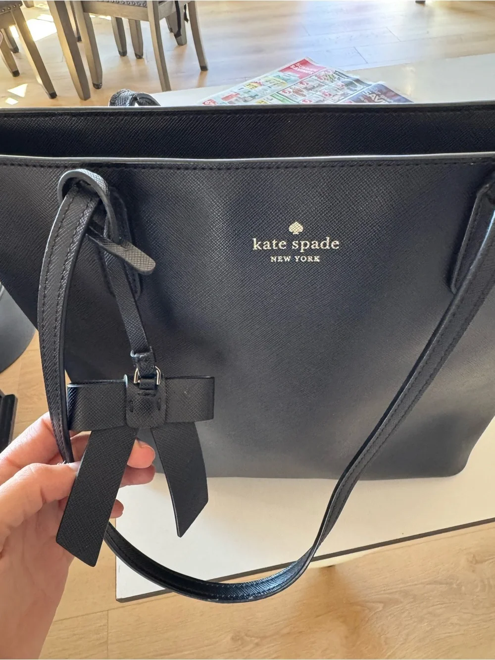 Kate Spade New York Black Saffiano Leather Tote Bag Bow Zip Top Shoulder Purse